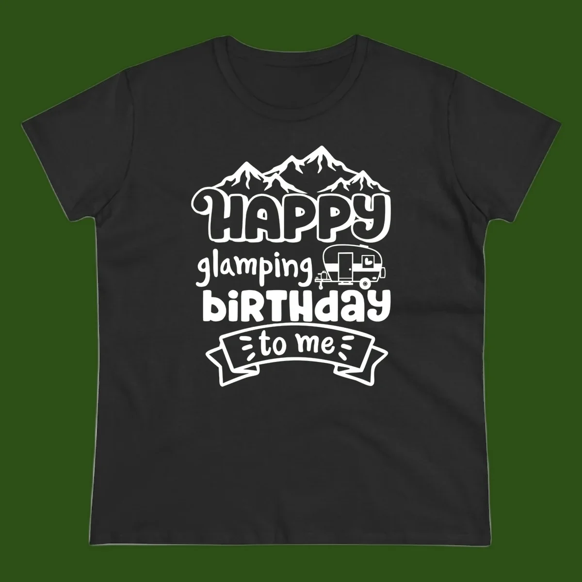 Happy glamping birthday design with snow mountains, vintage trailer, and bold retro lettering celebrating a birthday camping adventure