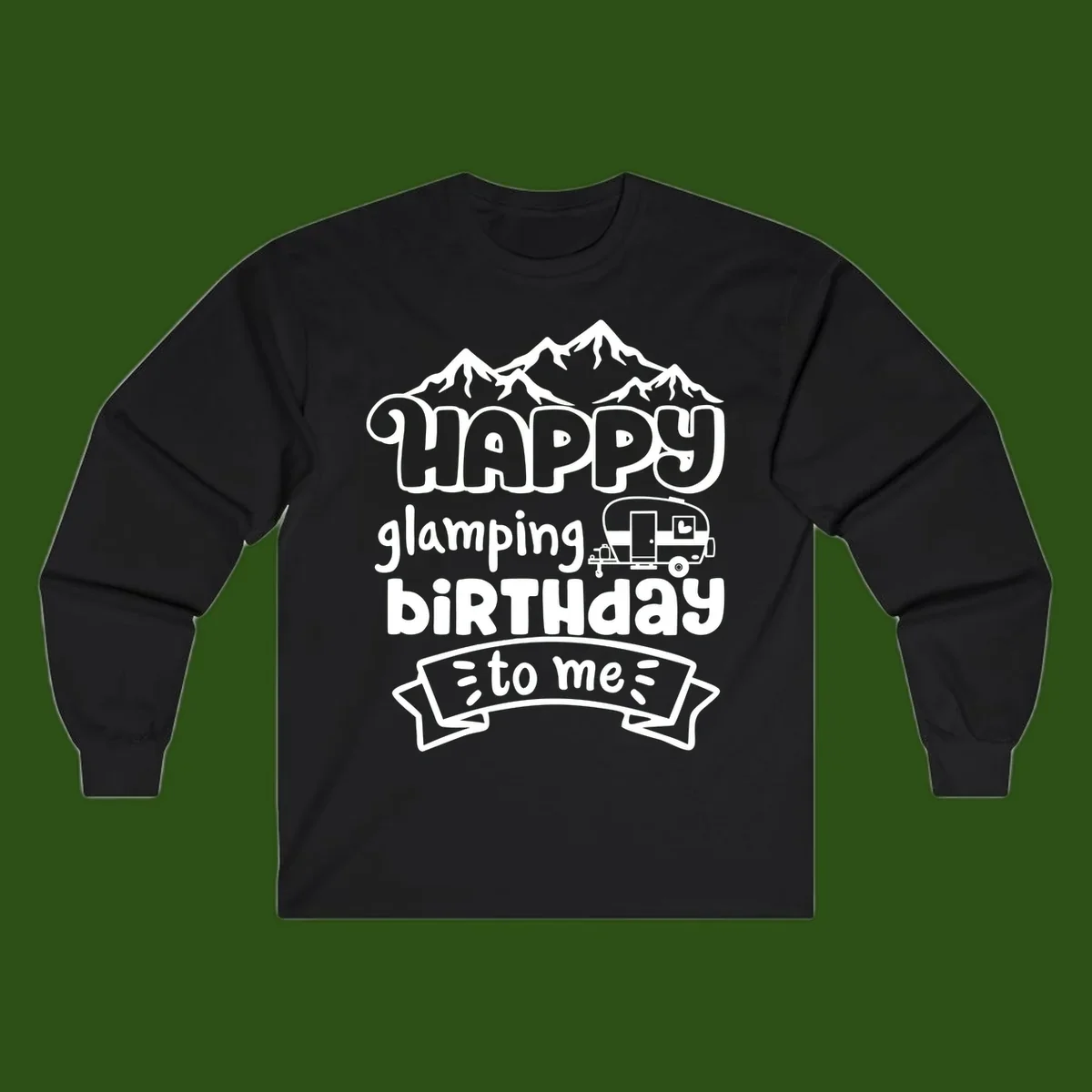 Happy glamping birthday design with snow mountains, vintage trailer, and bold retro lettering celebrating a birthday camping adventure