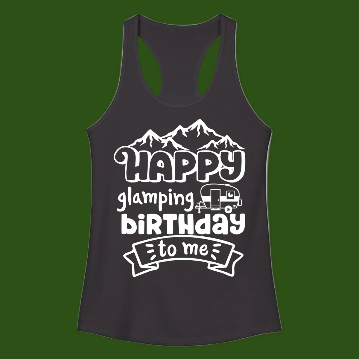 Happy glamping birthday design with snow mountains, vintage trailer, and bold retro lettering celebrating a birthday camping adventure