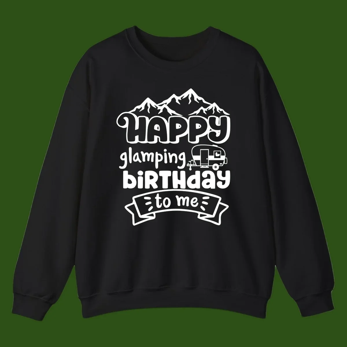 Happy glamping birthday design with snow mountains, vintage trailer, and bold retro lettering celebrating a birthday camping adventure