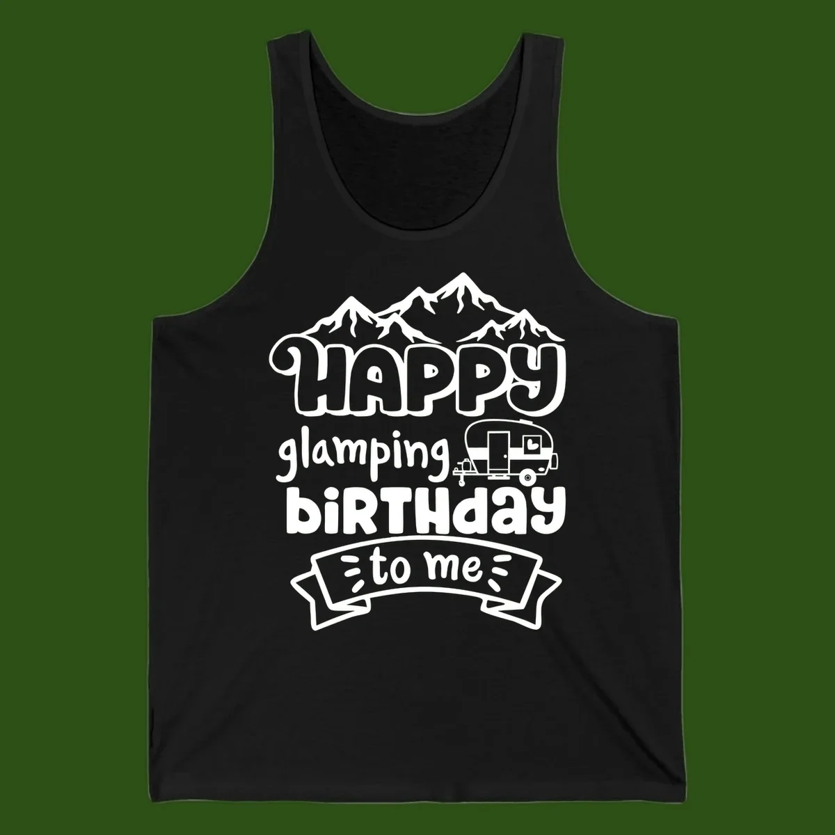 Happy glamping birthday design with snow mountains, vintage trailer, and bold retro lettering celebrating a birthday camping adventure
