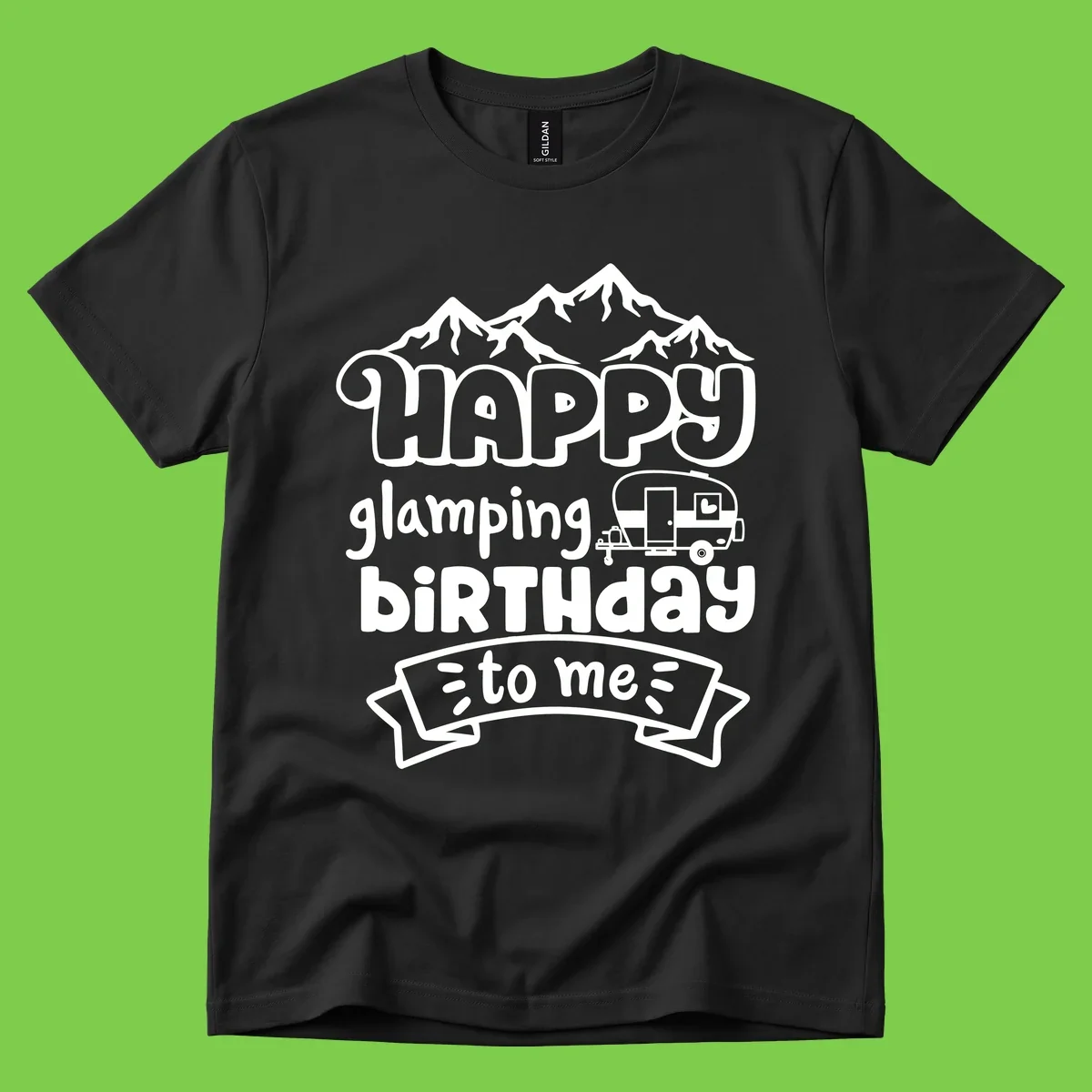 Happy glamping birthday design with snow mountains, vintage trailer, and bold retro lettering celebrating a birthday camping adventure