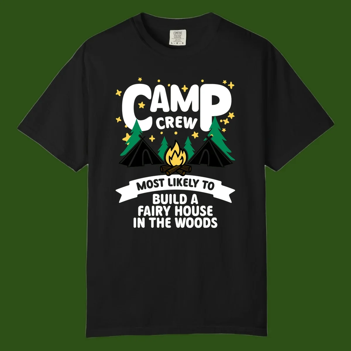 Camp crew fairy house design with tents, campfire, trees, and stars on gray background