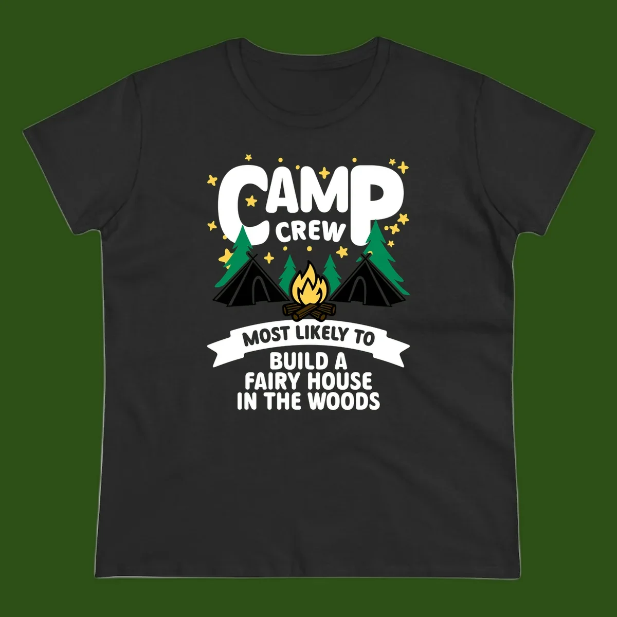 Camp crew fairy house design with tents, campfire, trees, and stars on gray background