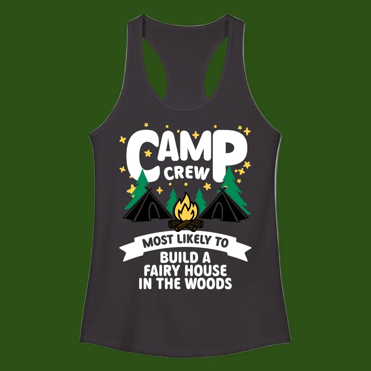 Camp crew fairy house design with tents, campfire, trees, and stars on gray background
