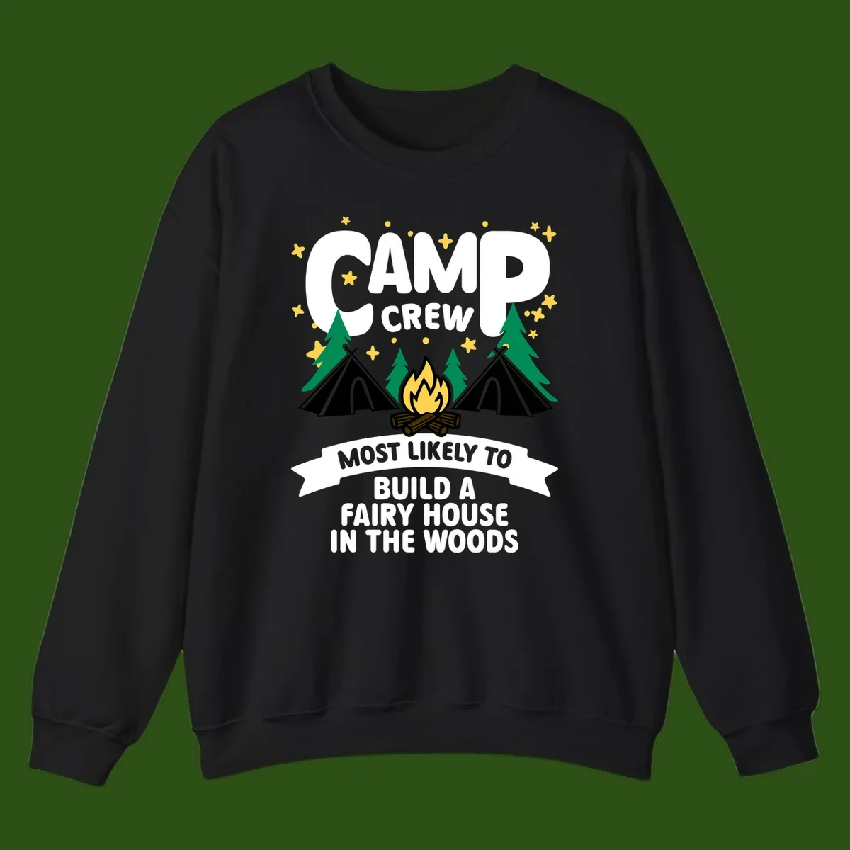 Camp crew fairy house design with tents, campfire, trees, and stars on gray background