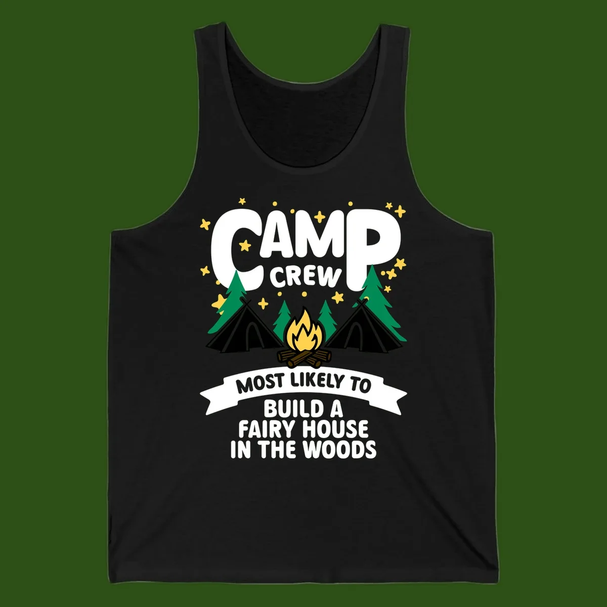 Camp crew fairy house design with tents, campfire, trees, and stars on gray background