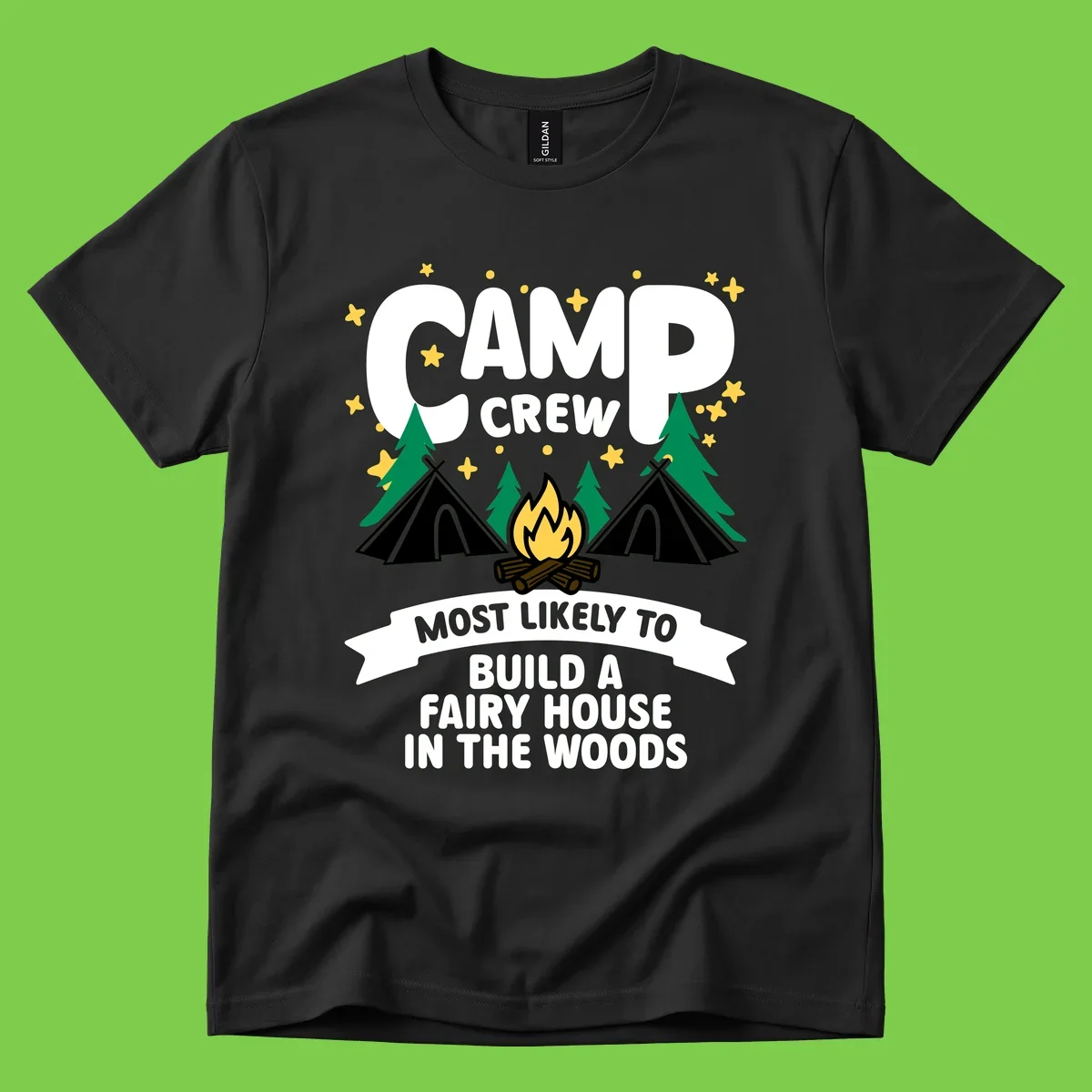 Camp crew fairy house design with tents, campfire, trees, and stars on gray background