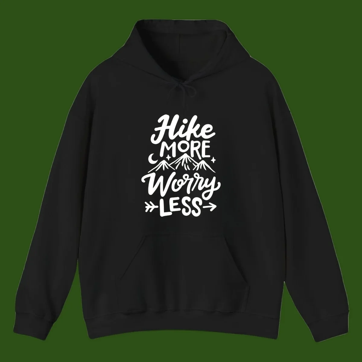 White lettered design reading 'Hike More Worry Less' with mountain peaks, moon, and stars on gray background