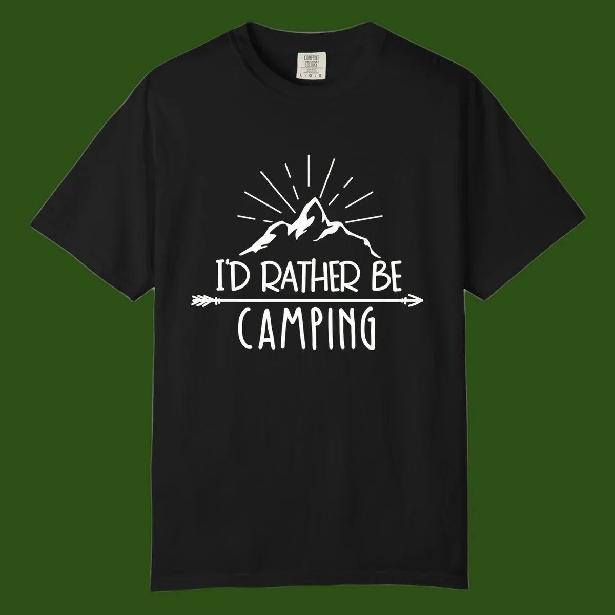 Mountain peaks with lightning bolt and radiating rays, text reads 'I'd Rather Be Camping' on gray background