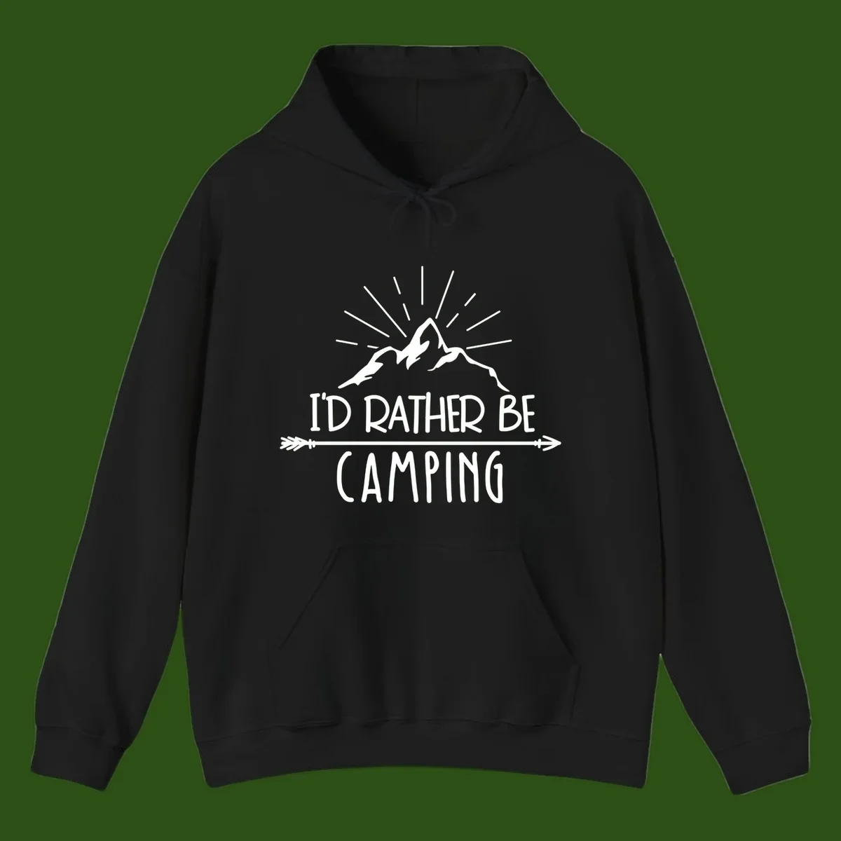 Mountain peaks with lightning bolt and radiating rays, text reads 'I'd Rather Be Camping' on gray background