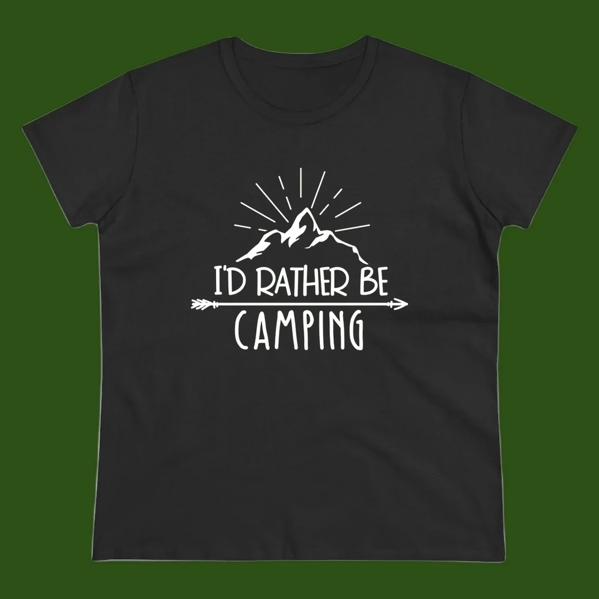 Mountain peaks with lightning bolt and radiating rays, text reads 'I'd Rather Be Camping' on gray background