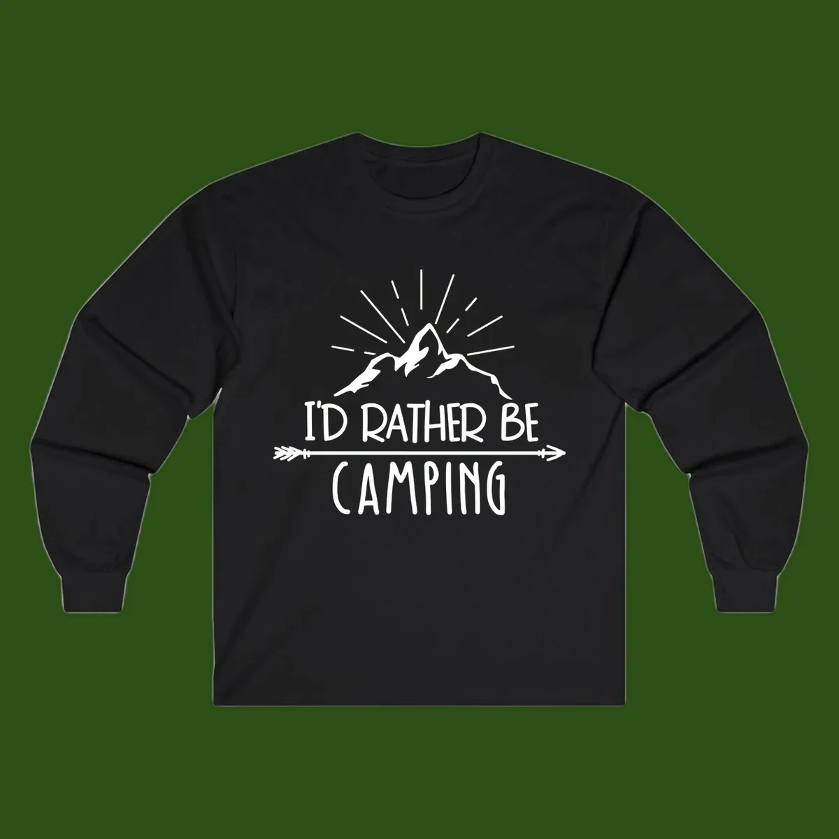 Mountain peaks with lightning bolt and radiating rays, text reads 'I'd Rather Be Camping' on gray background
