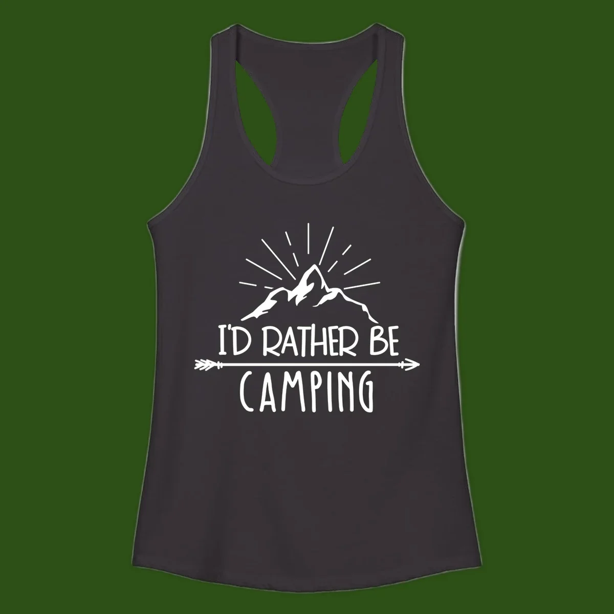 Mountain peaks with lightning bolt and radiating rays, text reads 'I'd Rather Be Camping' on gray background
