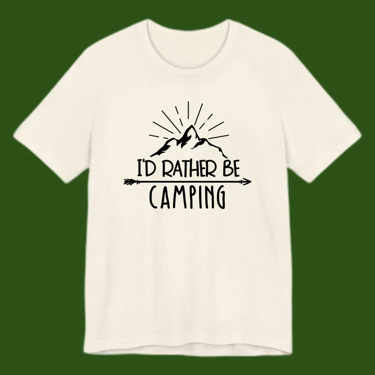 Mountain peaks with lightning bolt and radiating rays, text reads 'I'd Rather Be Camping' on gray background