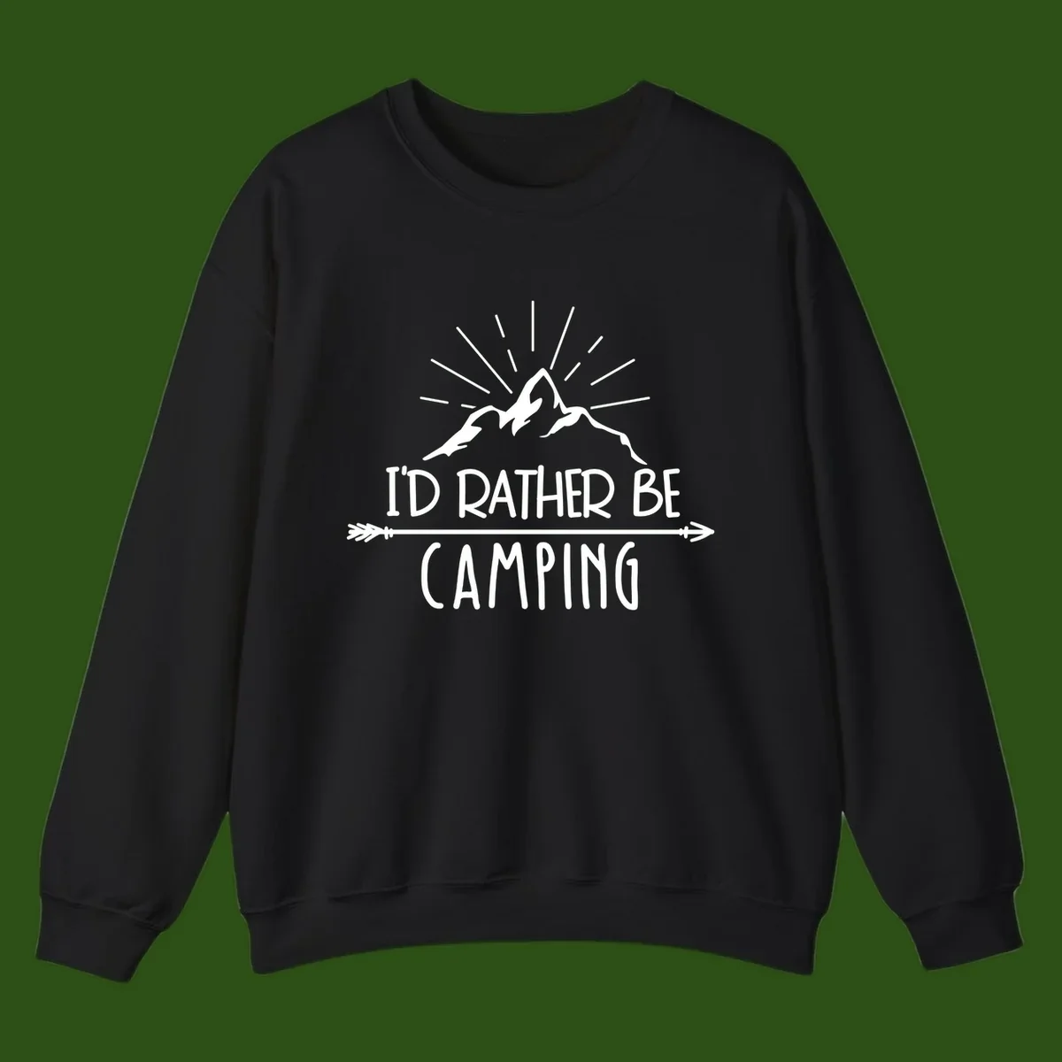 Mountain peaks with lightning bolt and radiating rays, text reads 'I'd Rather Be Camping' on gray background