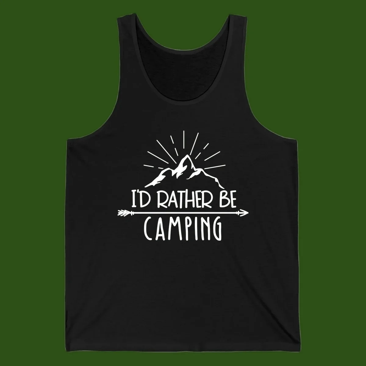 Mountain peaks with lightning bolt and radiating rays, text reads 'I'd Rather Be Camping' on gray background