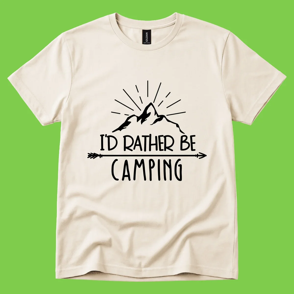 Mountain peaks with lightning bolt and radiating rays, text reads 'I'd Rather Be Camping' on gray background