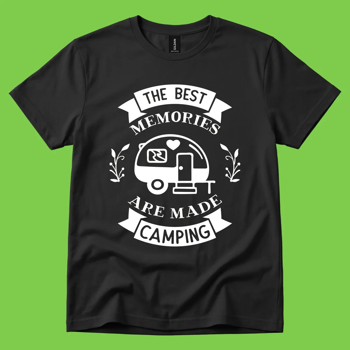 Vintage badge design with travel trailer and heart, text reading 'The Best Memories Are Made Camping' with decorative botanical branches