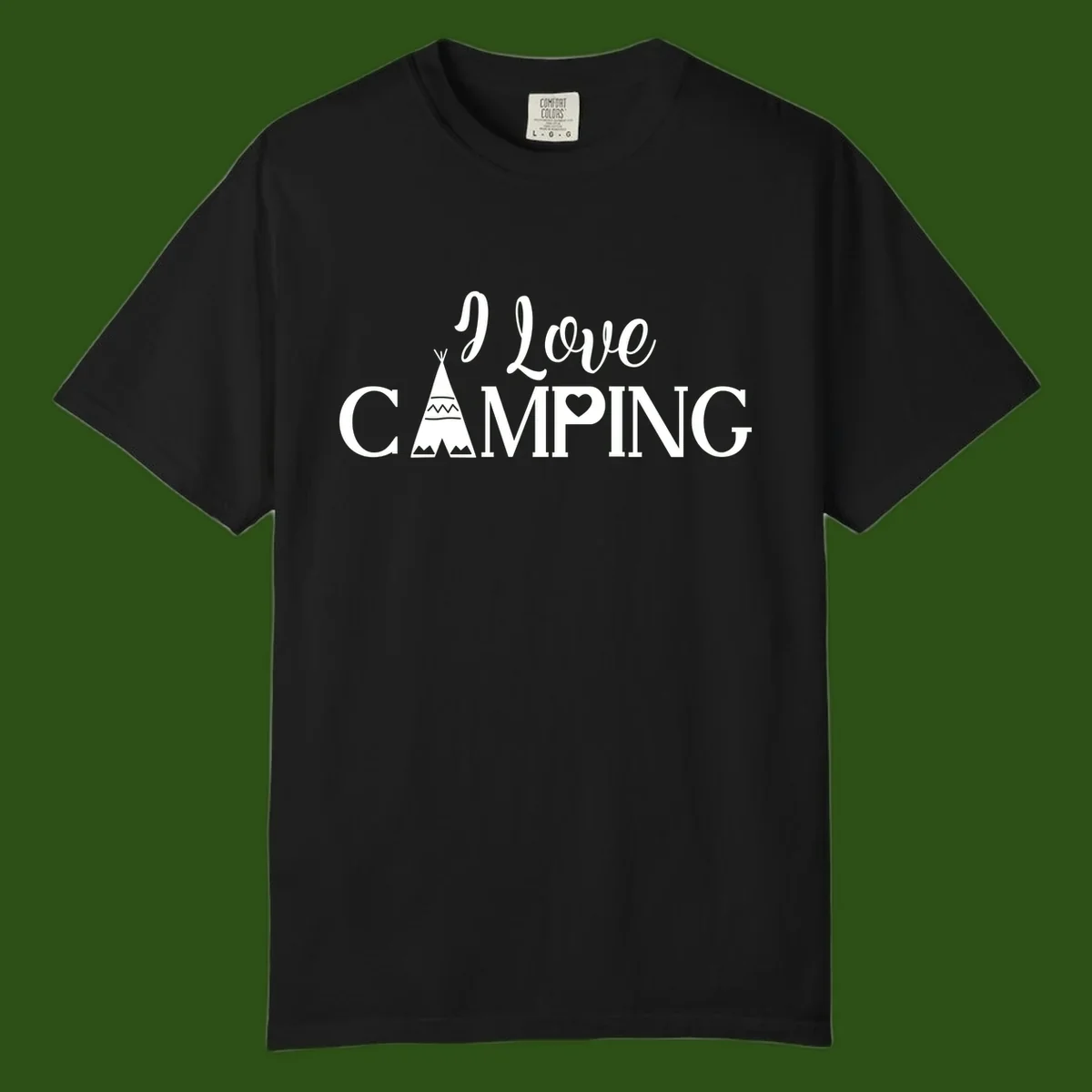 White i-love-camping-teepee design on gray background with decorative geometric patterns and heart symbol