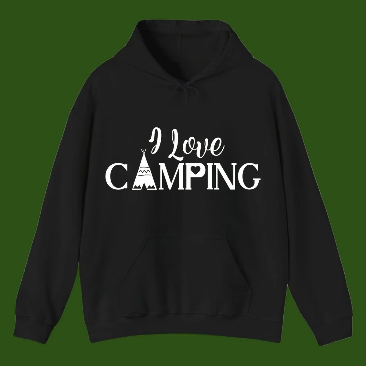 White i-love-camping-teepee design on gray background with decorative geometric patterns and heart symbol