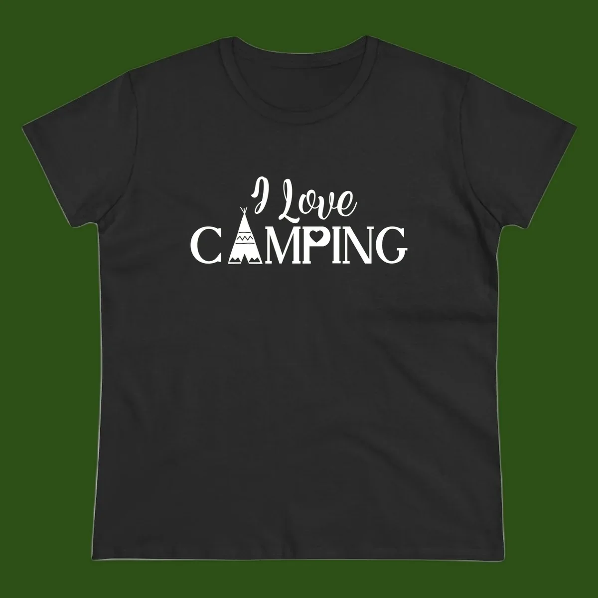 White i-love-camping-teepee design on gray background with decorative geometric patterns and heart symbol