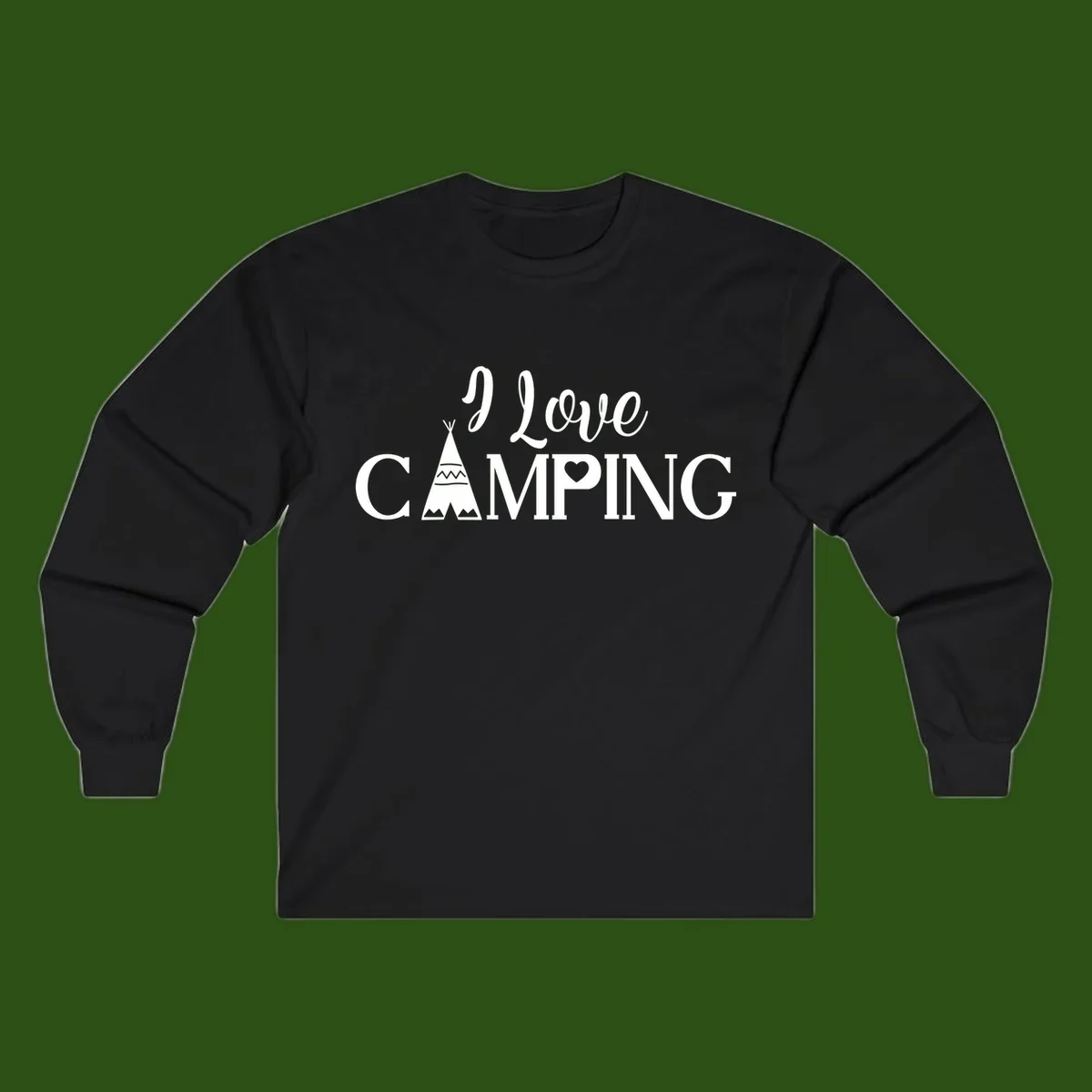 White i-love-camping-teepee design on gray background with decorative geometric patterns and heart symbol