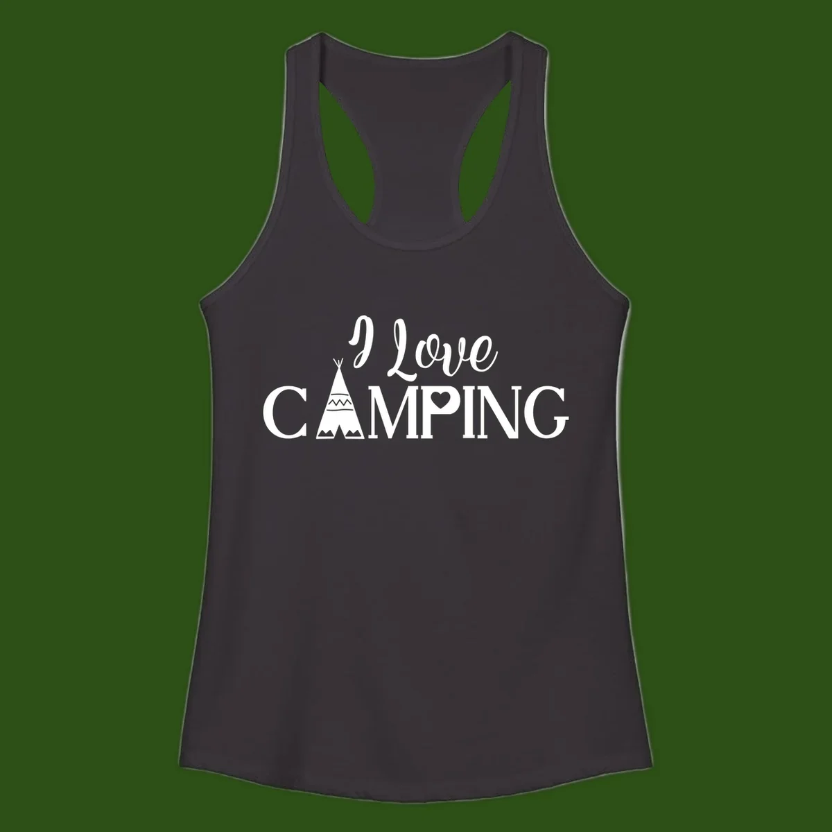 White i-love-camping-teepee design on gray background with decorative geometric patterns and heart symbol