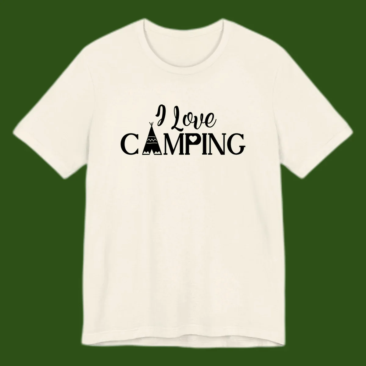 White i-love-camping-teepee design on gray background with decorative geometric patterns and heart symbol