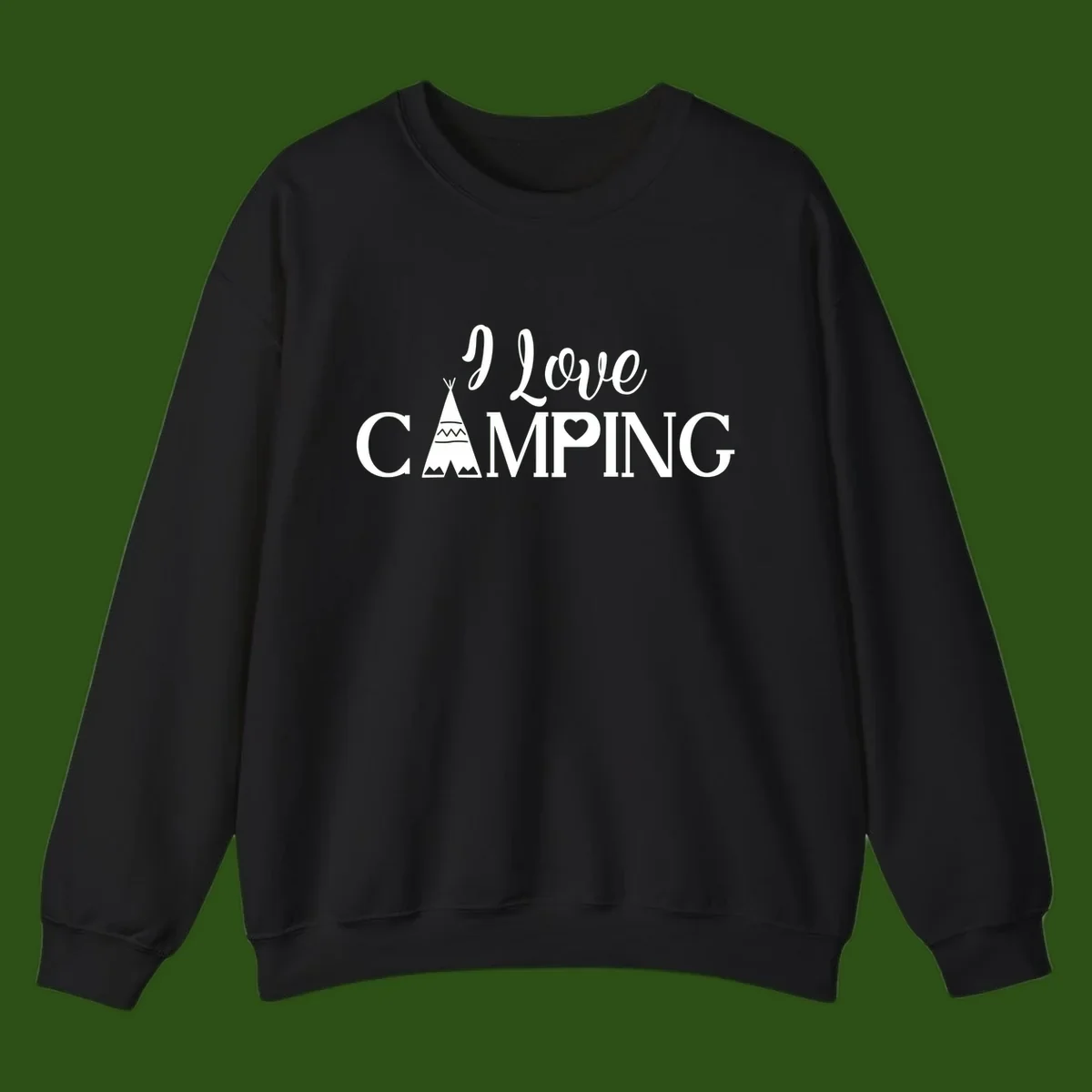 White i-love-camping-teepee design on gray background with decorative geometric patterns and heart symbol