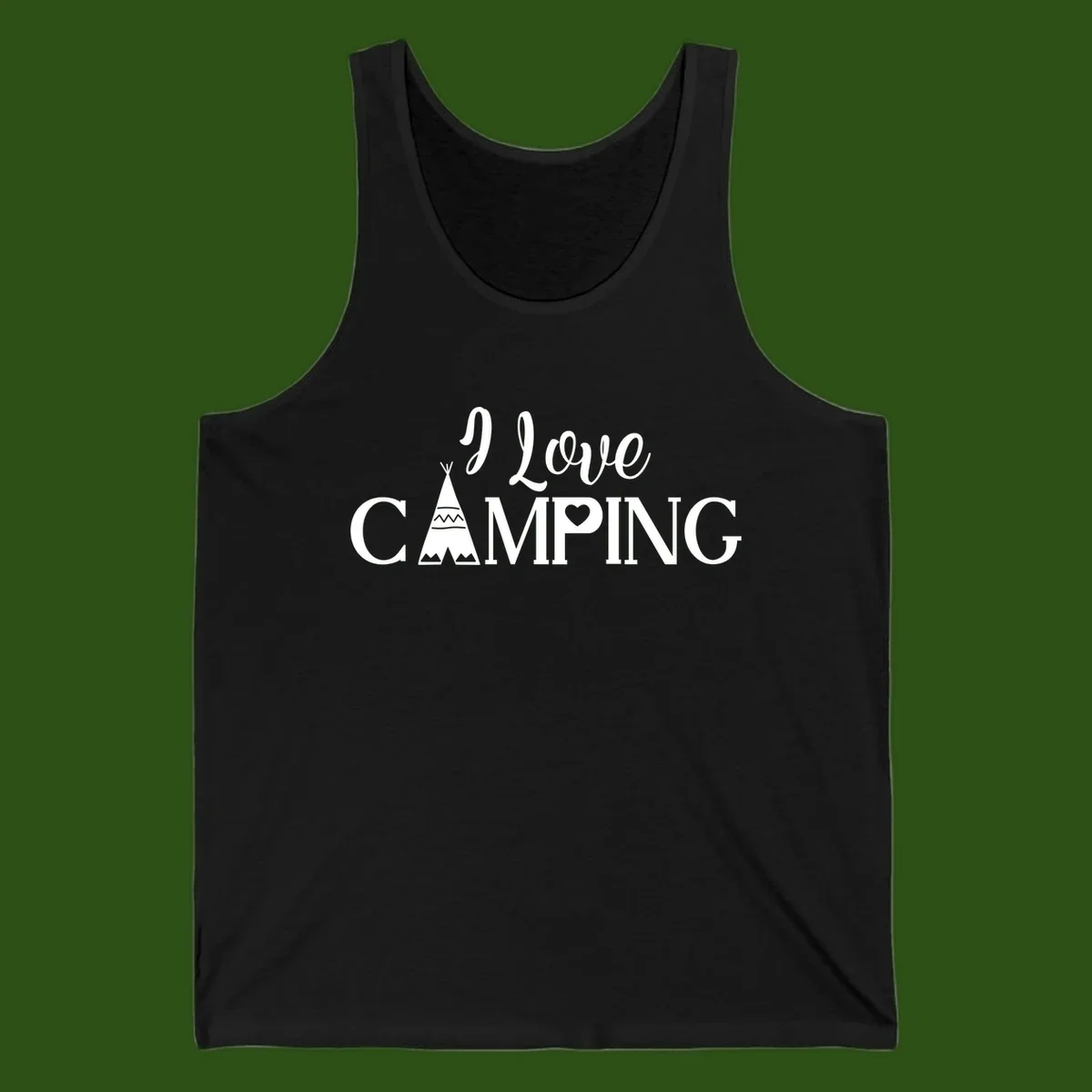 White i-love-camping-teepee design on gray background with decorative geometric patterns and heart symbol