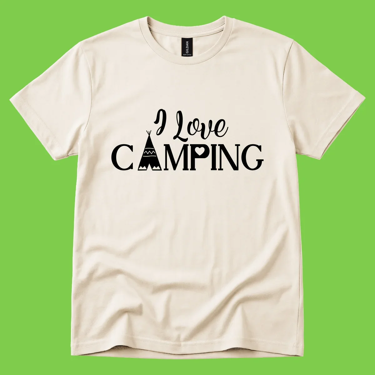 White i-love-camping-teepee design on gray background with decorative geometric patterns and heart symbol