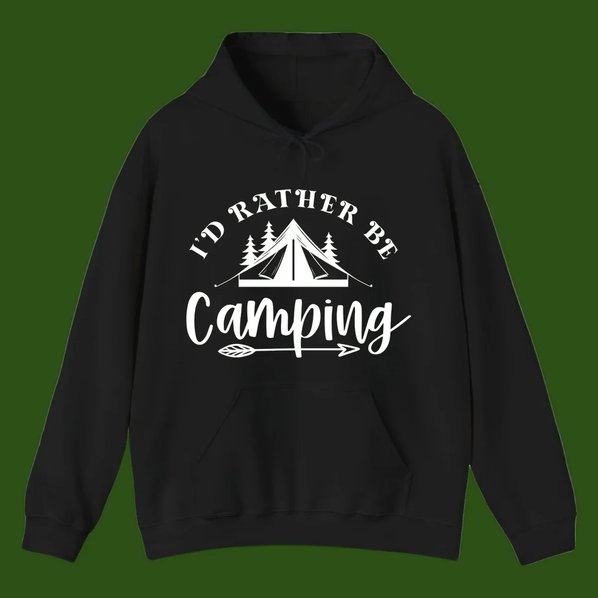 I'd Rather Be Camping design with bell tent, pine trees, and decorative elements on gray background