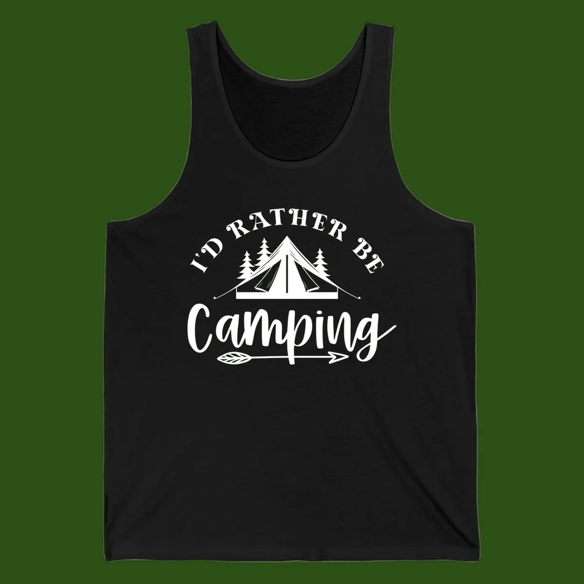 I'd Rather Be Camping design with bell tent, pine trees, and decorative elements on gray background