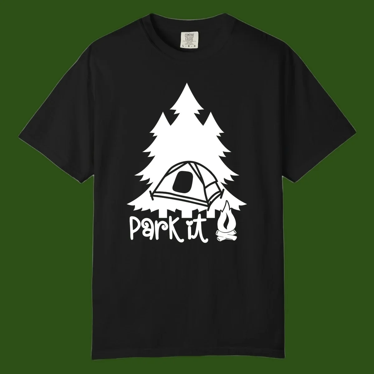 Park it camping design with evergreen trees, pitched tent, and campfire illustration with text