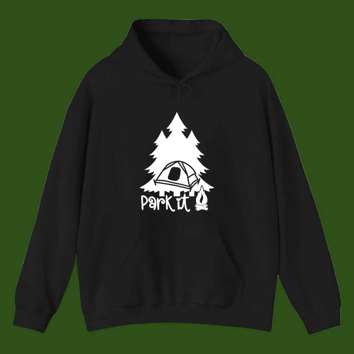Park it camping design with evergreen trees, pitched tent, and campfire illustration with text