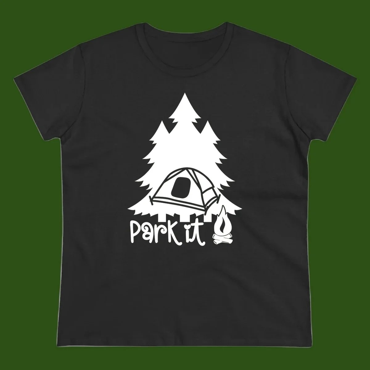 Park it camping design with evergreen trees, pitched tent, and campfire illustration with text