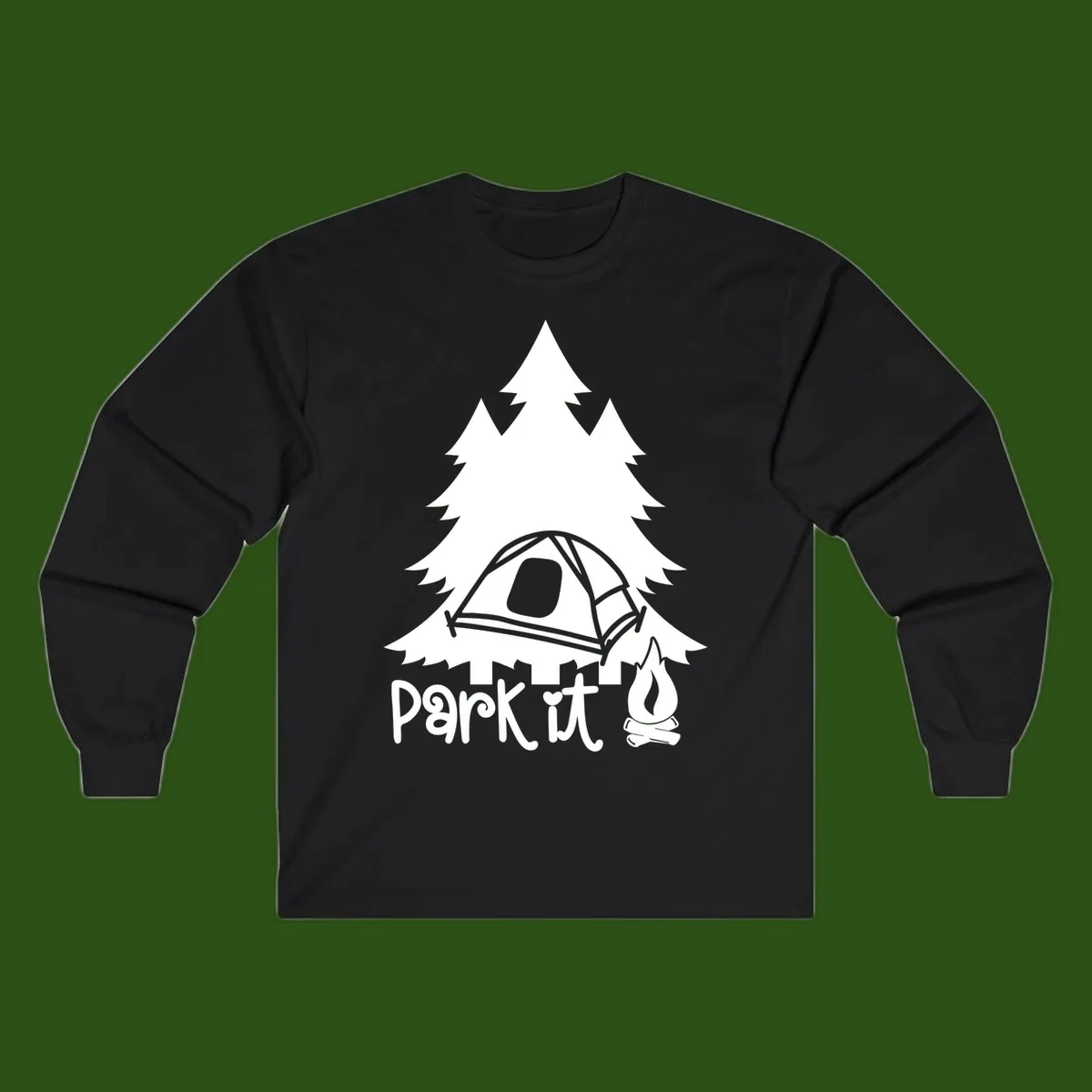 Park it camping design with evergreen trees, pitched tent, and campfire illustration with text