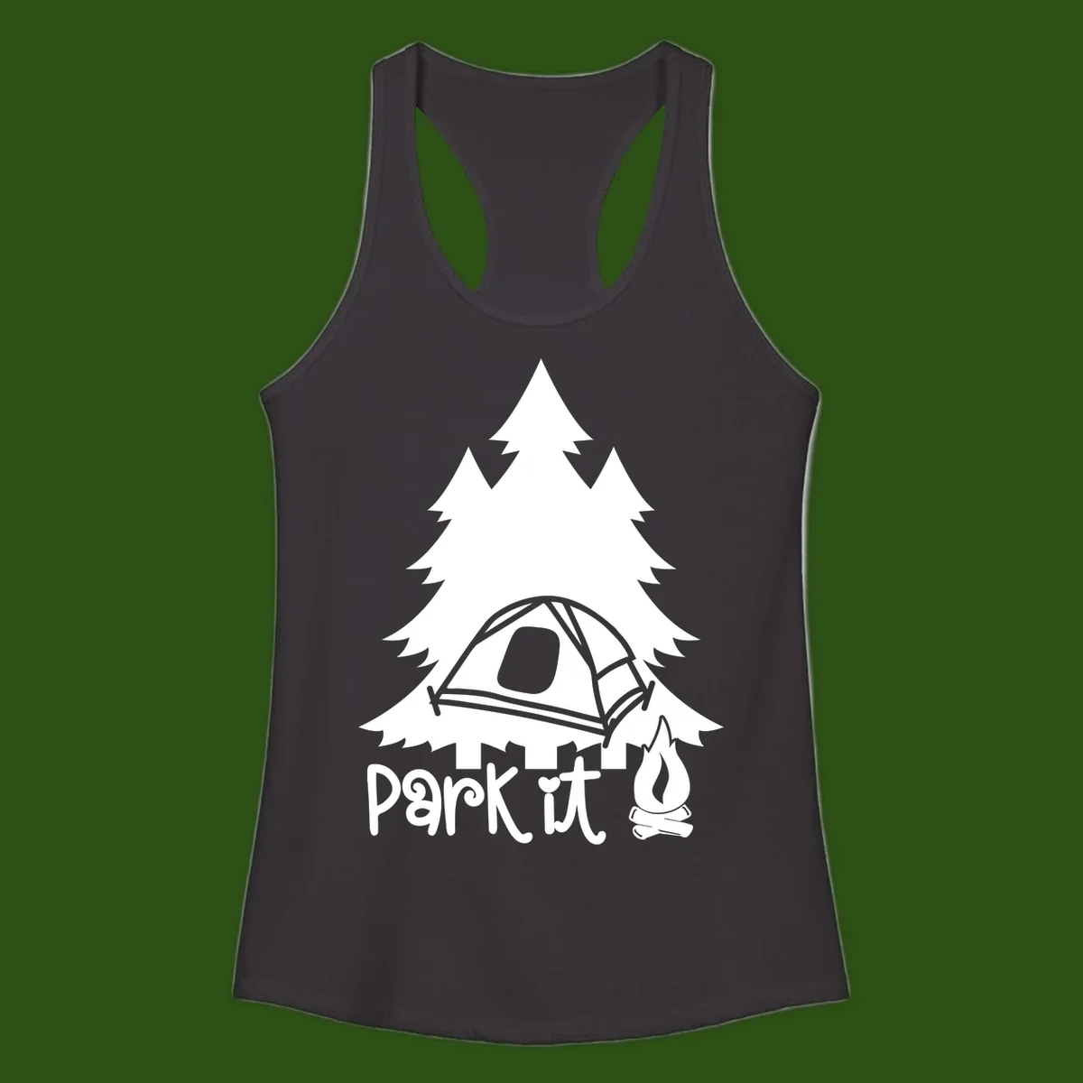 Park it camping design with evergreen trees, pitched tent, and campfire illustration with text