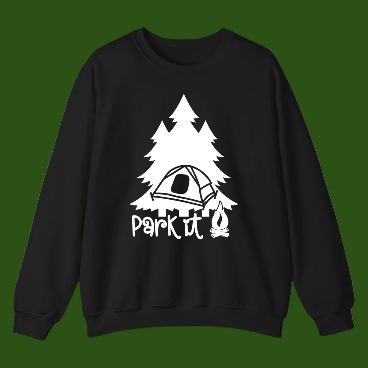 Park it camping design with evergreen trees, pitched tent, and campfire illustration with text