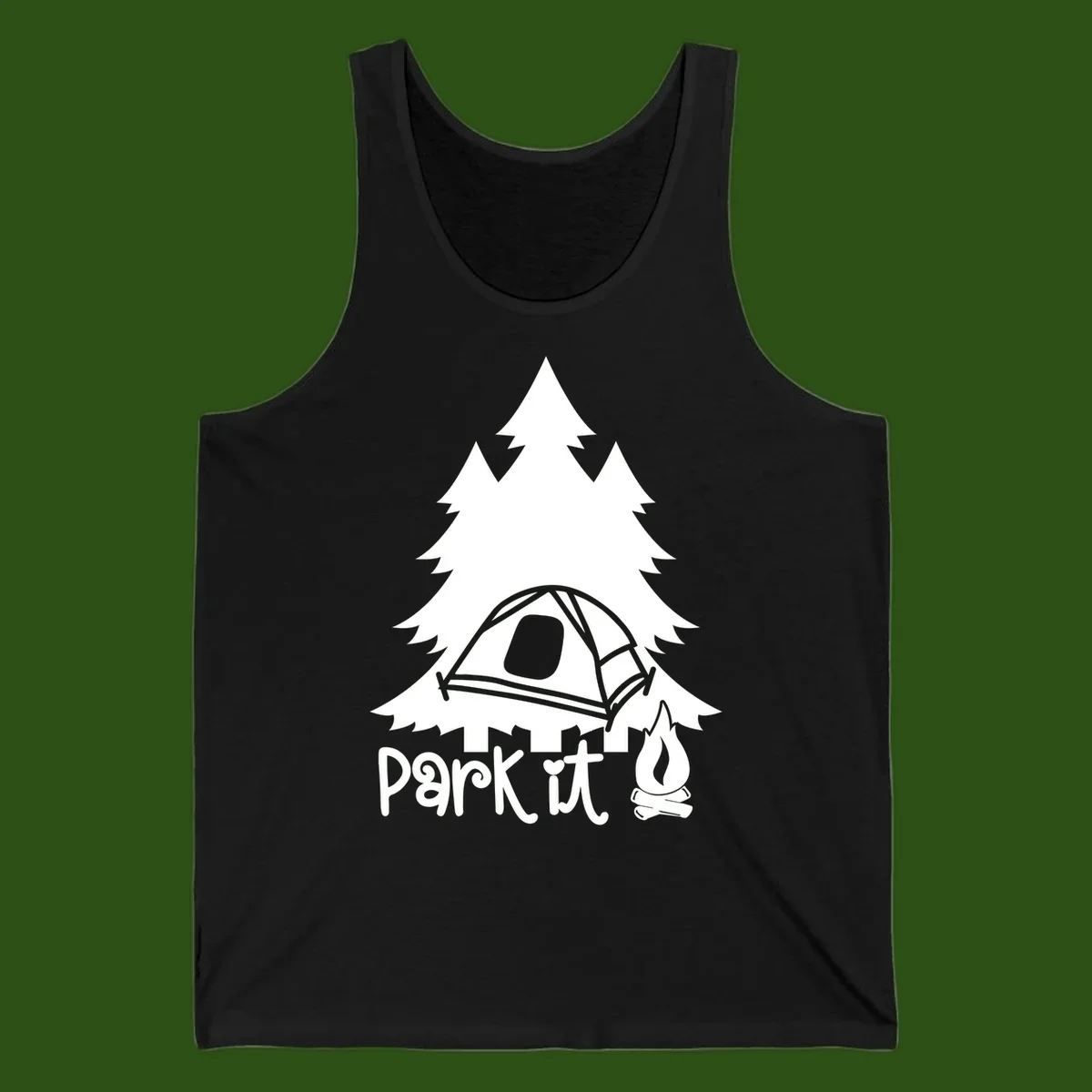 Park it camping design with evergreen trees, pitched tent, and campfire illustration with text