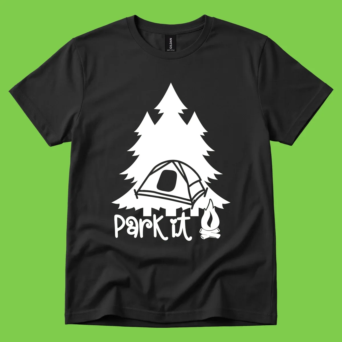 Park it camping design with evergreen trees, pitched tent, and campfire illustration with text