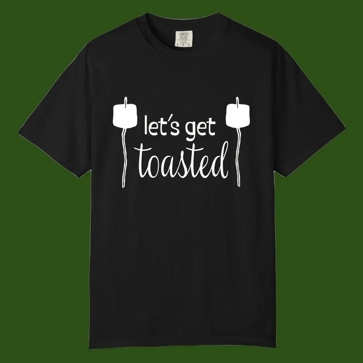Illustration of two roasting sticks with marshmallows and text reading 'let's get toasted' in a minimalist camping design