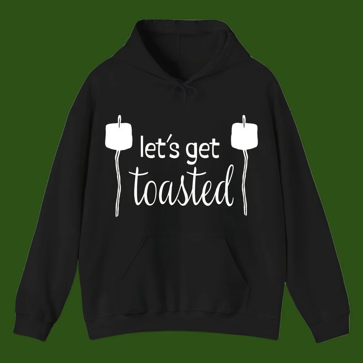 Illustration of two roasting sticks with marshmallows and text reading 'let's get toasted' in a minimalist camping design