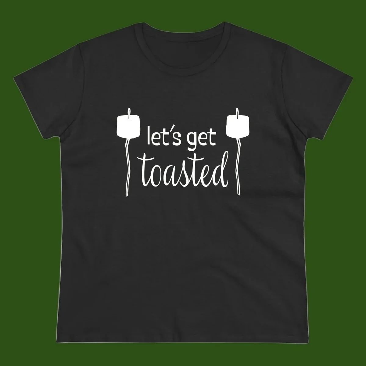 Illustration of two roasting sticks with marshmallows and text reading 'let's get toasted' in a minimalist camping design