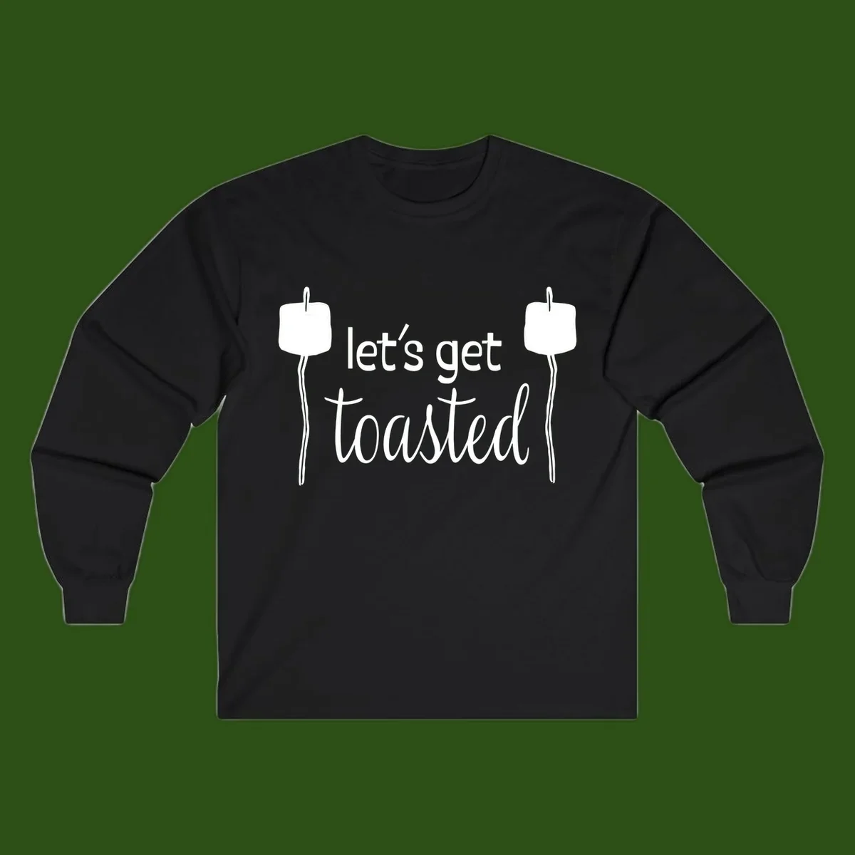 Illustration of two roasting sticks with marshmallows and text reading 'let's get toasted' in a minimalist camping design