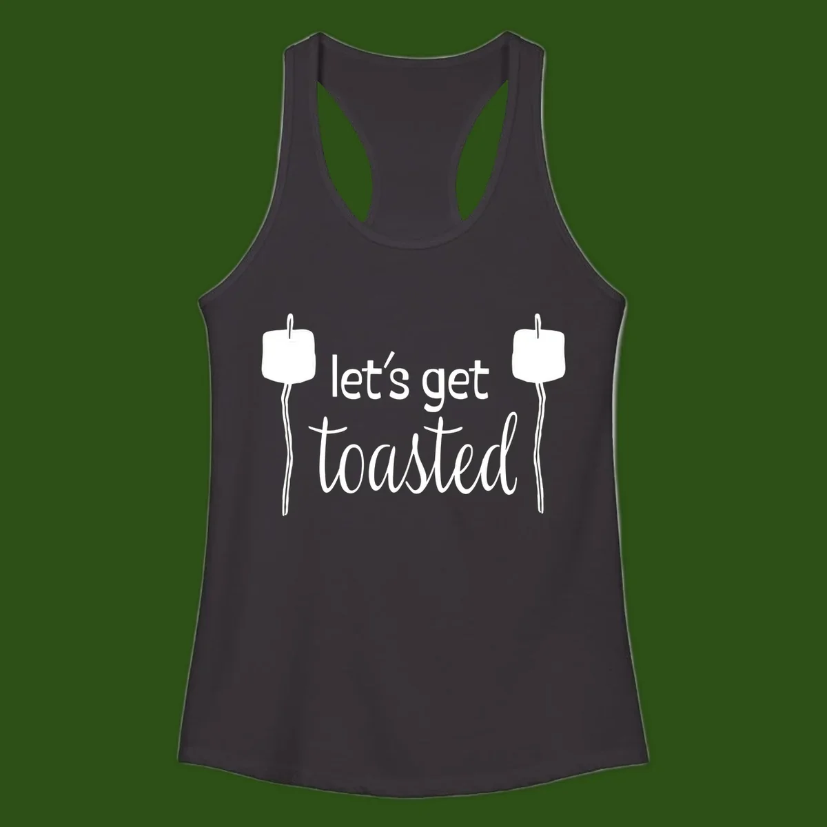 Illustration of two roasting sticks with marshmallows and text reading 'let's get toasted' in a minimalist camping design