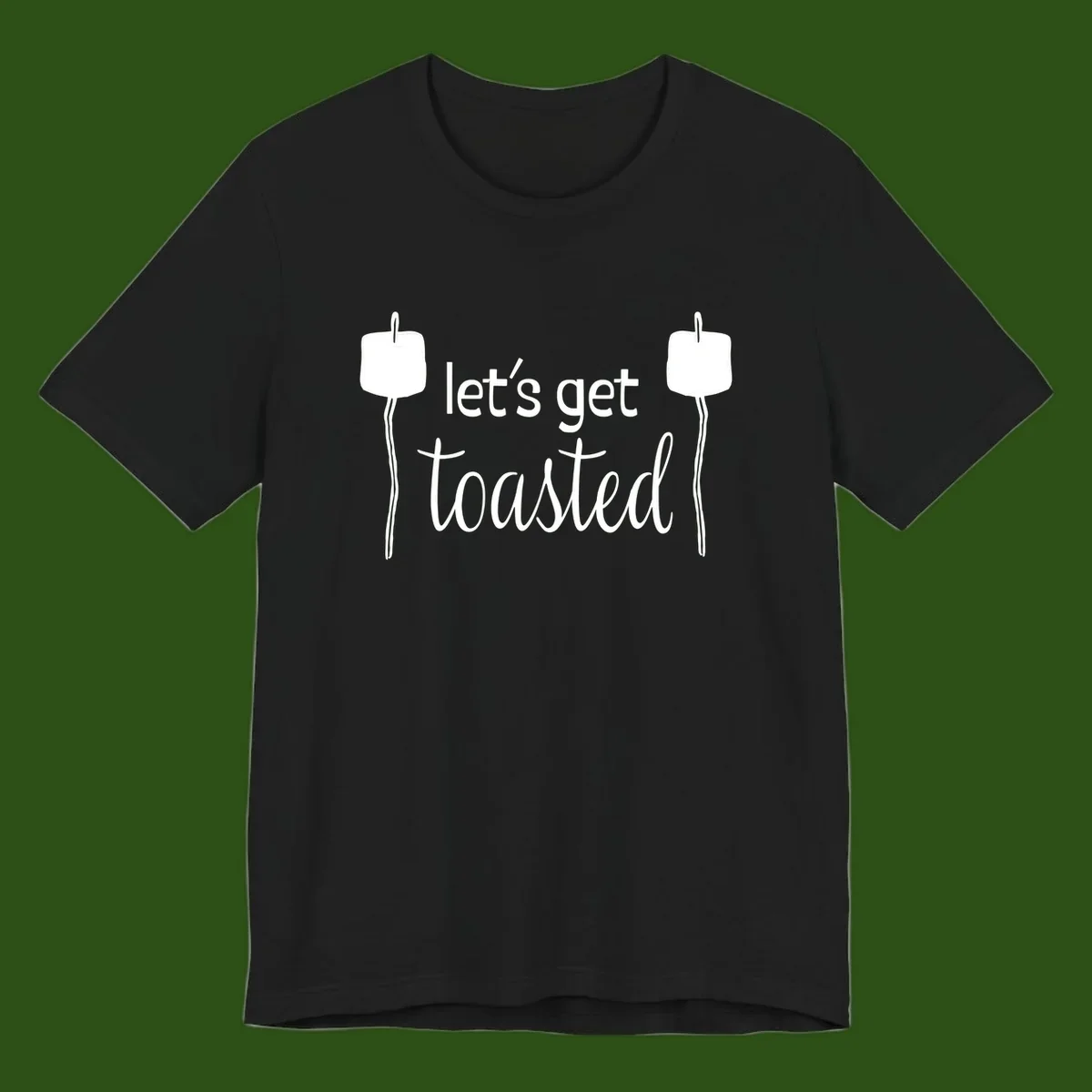 Illustration of two roasting sticks with marshmallows and text reading 'let's get toasted' in a minimalist camping design