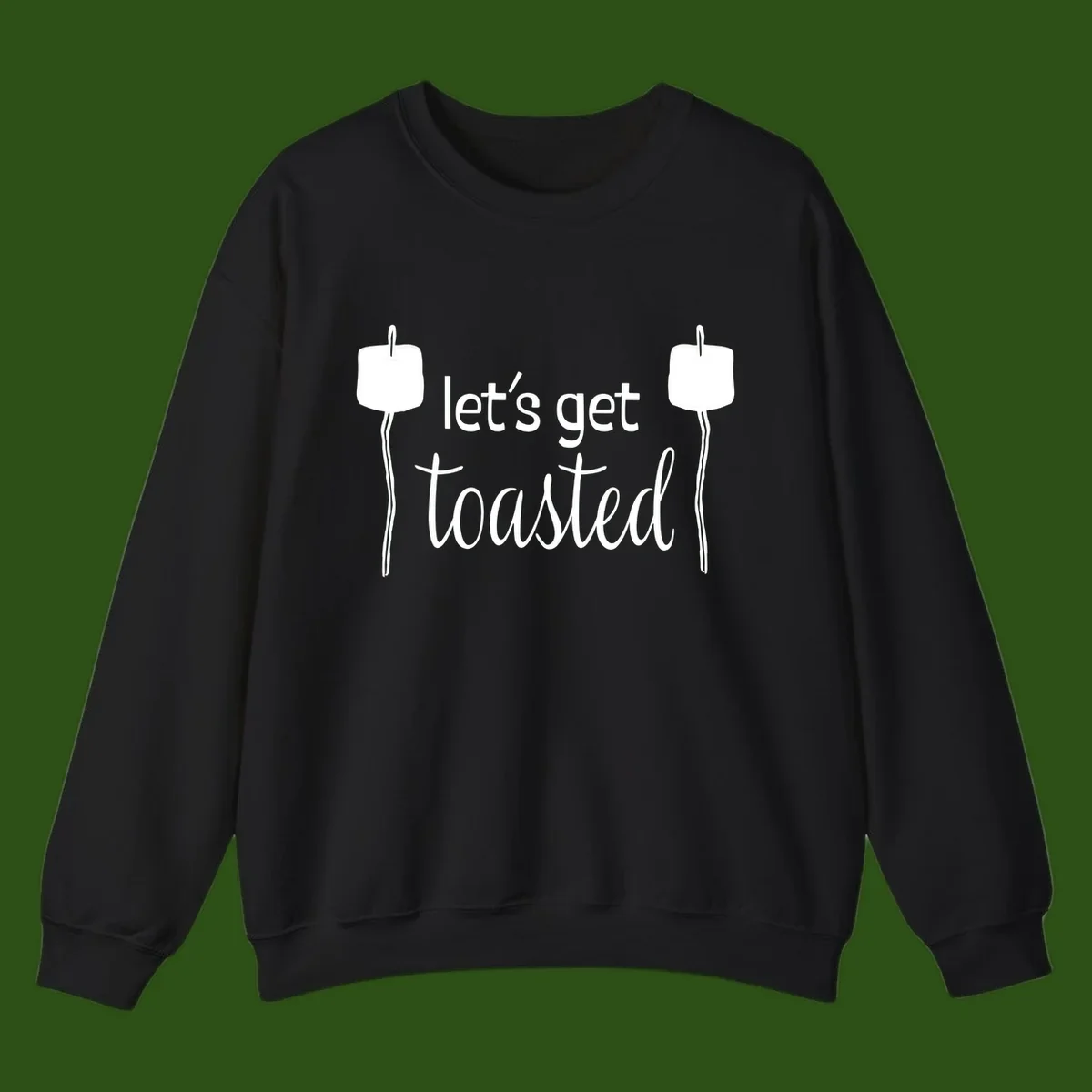 Illustration of two roasting sticks with marshmallows and text reading 'let's get toasted' in a minimalist camping design