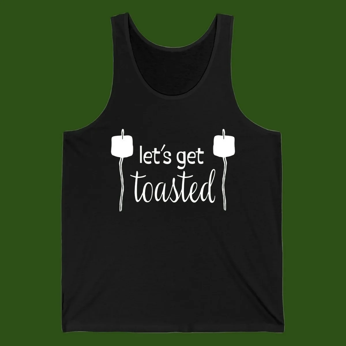 Illustration of two roasting sticks with marshmallows and text reading 'let's get toasted' in a minimalist camping design